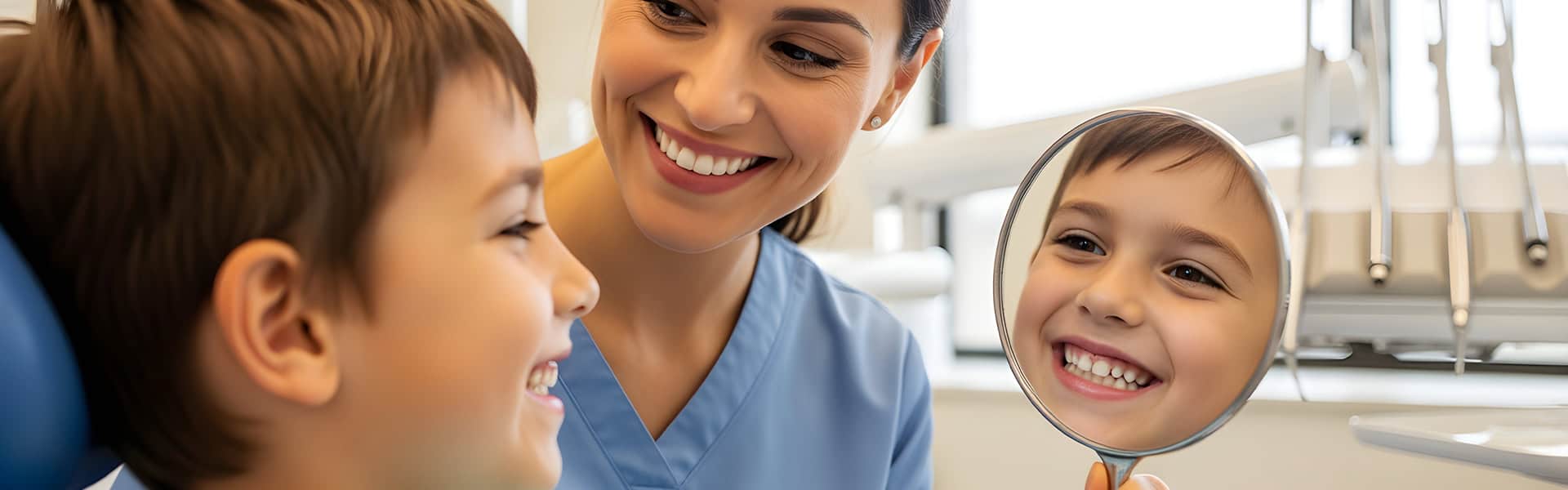 Pediatric Dentist Showing Child Smile With Dental Mirror